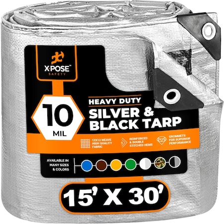 Xpose Safety Heavy Duty Tarp, 15 ft x 30 ft, 10 mil, Silver/Black, Polyethylene STH-1530-X